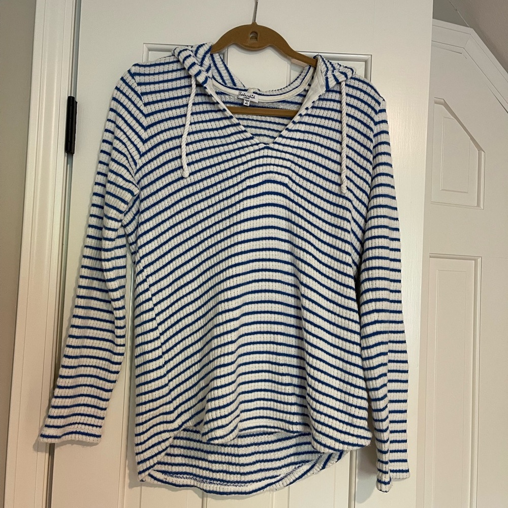 splendid blue and white striped hooded pullover size large